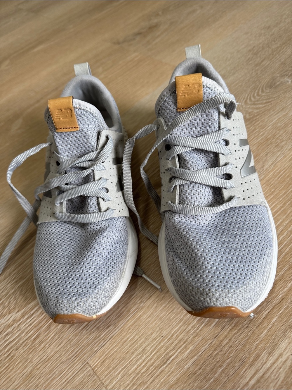 New Balance Kids Grey Mesh Sneakers with Tan Accents